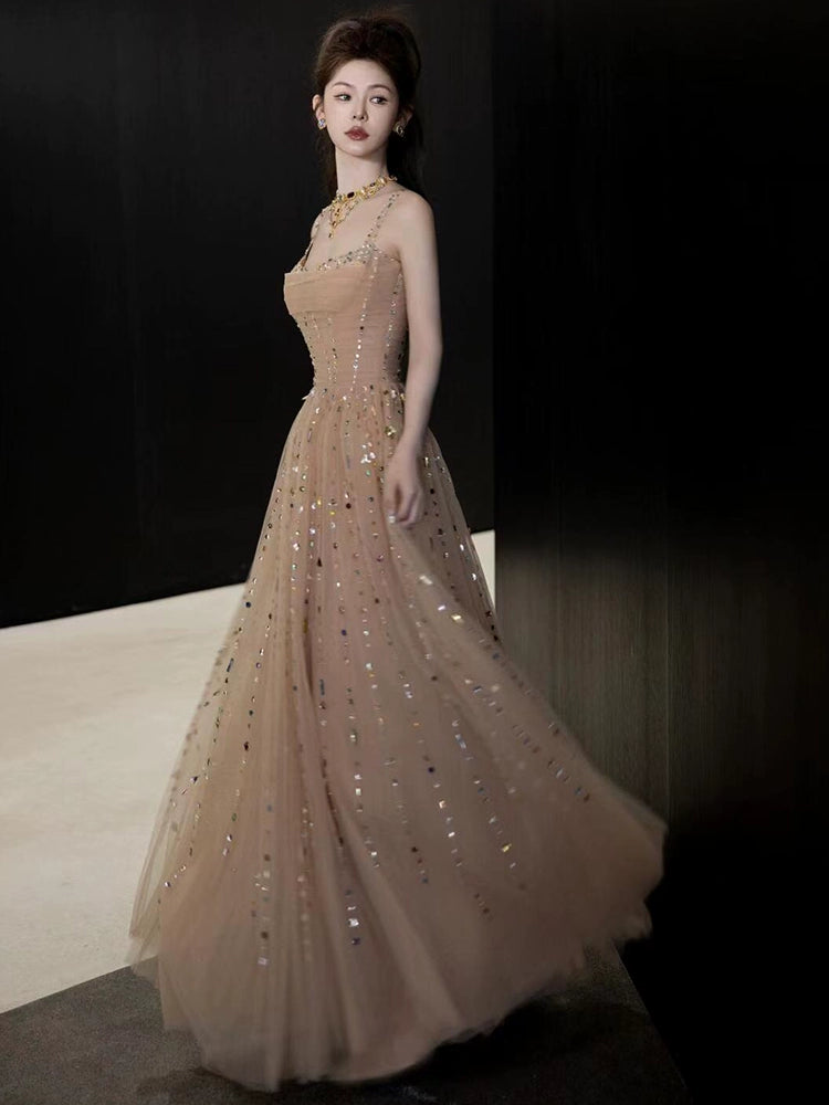 A Line Champagne Long Prom Dress Sexy Evening Dresses fg7663