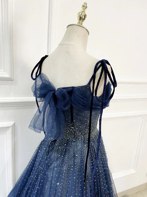 Shiny Navy Blue Tulle Straps Long Prom Dresses Party Dresses, A-line Beaded Prom Dresses fg5018