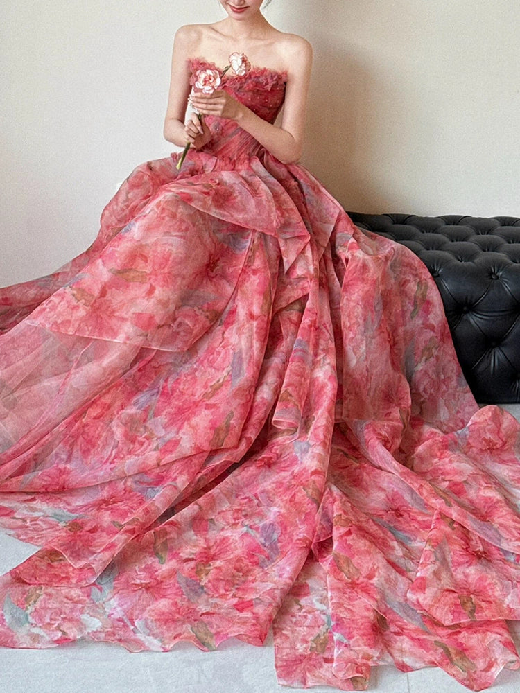 A Line Strapless Floral Print Long Prom Dress Sexy Evening Dresses fg7660