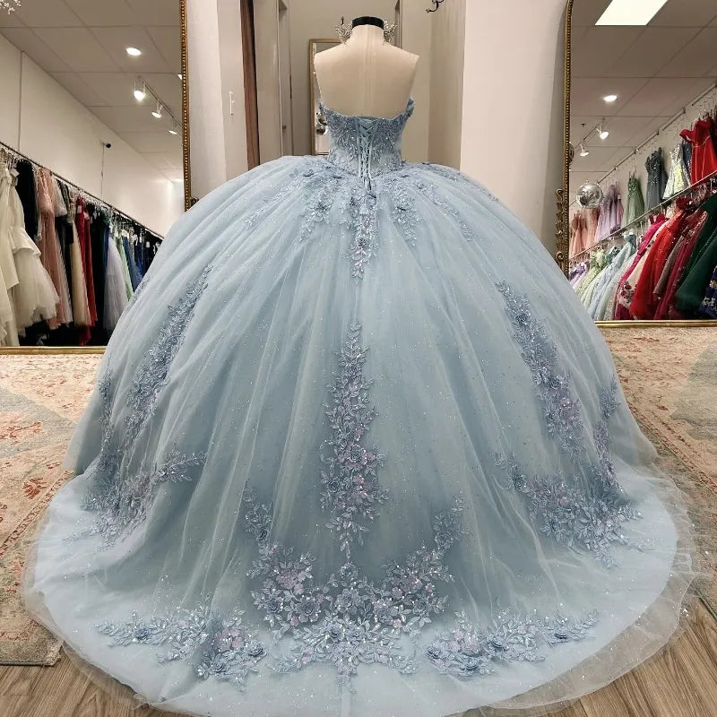Sparkly Light Blue Quinceanera Dress Cape Flower Lace Vestidos de 15 Anos Birthday Party Princess Ball Gown fg7914