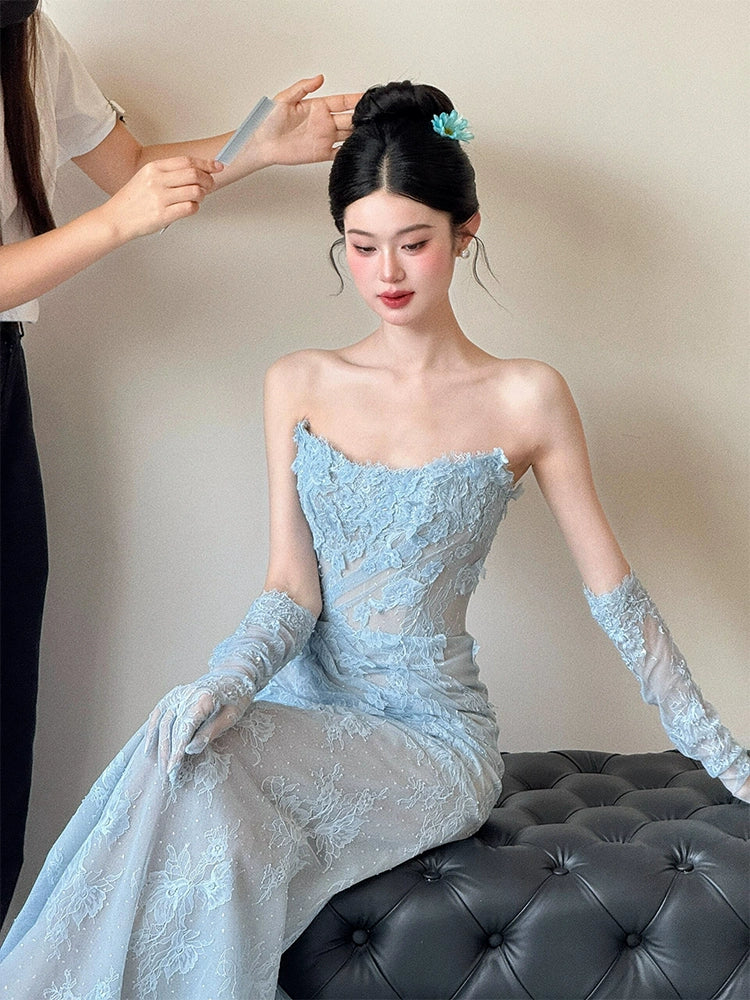 Blue Lace Mermaid Long Prom Dress Sexy Evening Dresses With Side Split fg7665