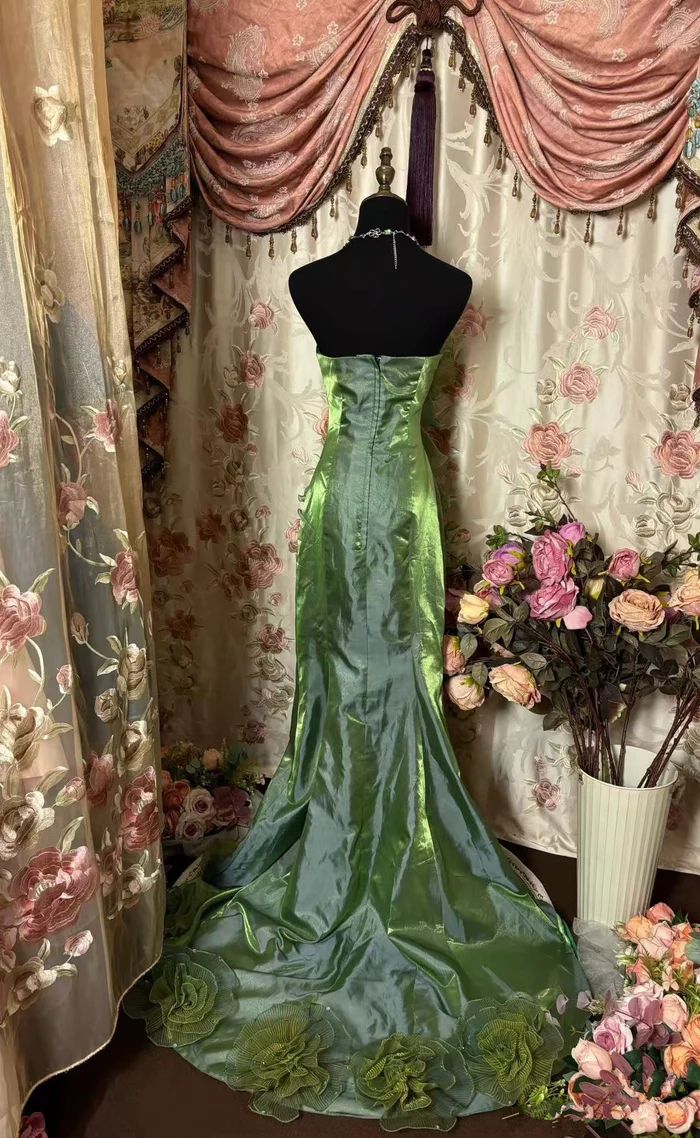 Vintage Green Strapless Satin Tulle Layered Ruffle Mermaid Long Prom Dress Evening Gown fg8444