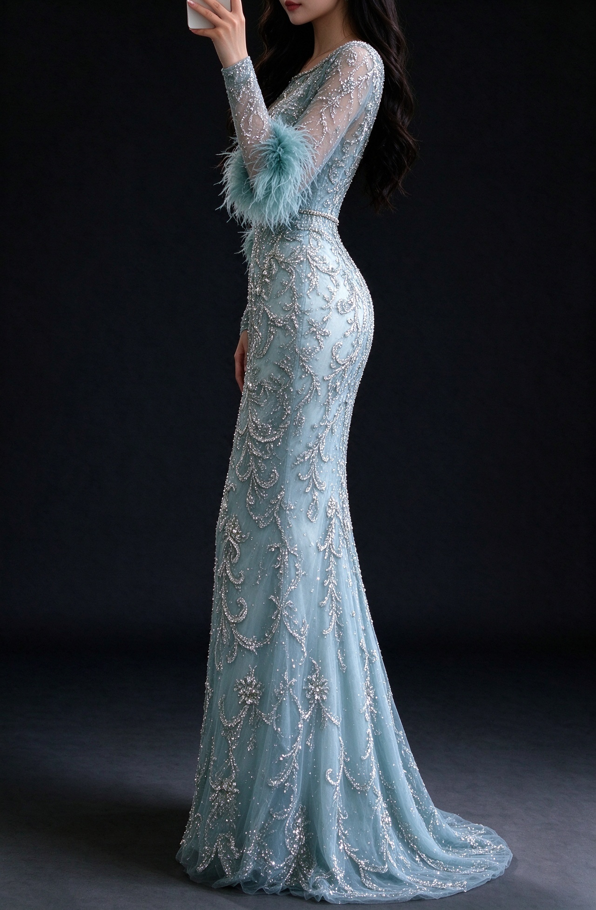 Mint Green Long Sleeve Rhinestone Feather Cuff Sheer Back Mermaid Evening Gown fg9016