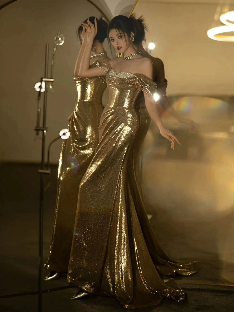 Mermaid Gold Long Prom Dress Sexy Off Shoulder Evening Dresses fg7664