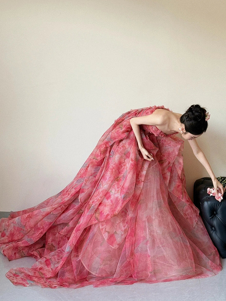 A Line Strapless Floral Print Long Prom Dress Sexy Evening Dresses fg7660