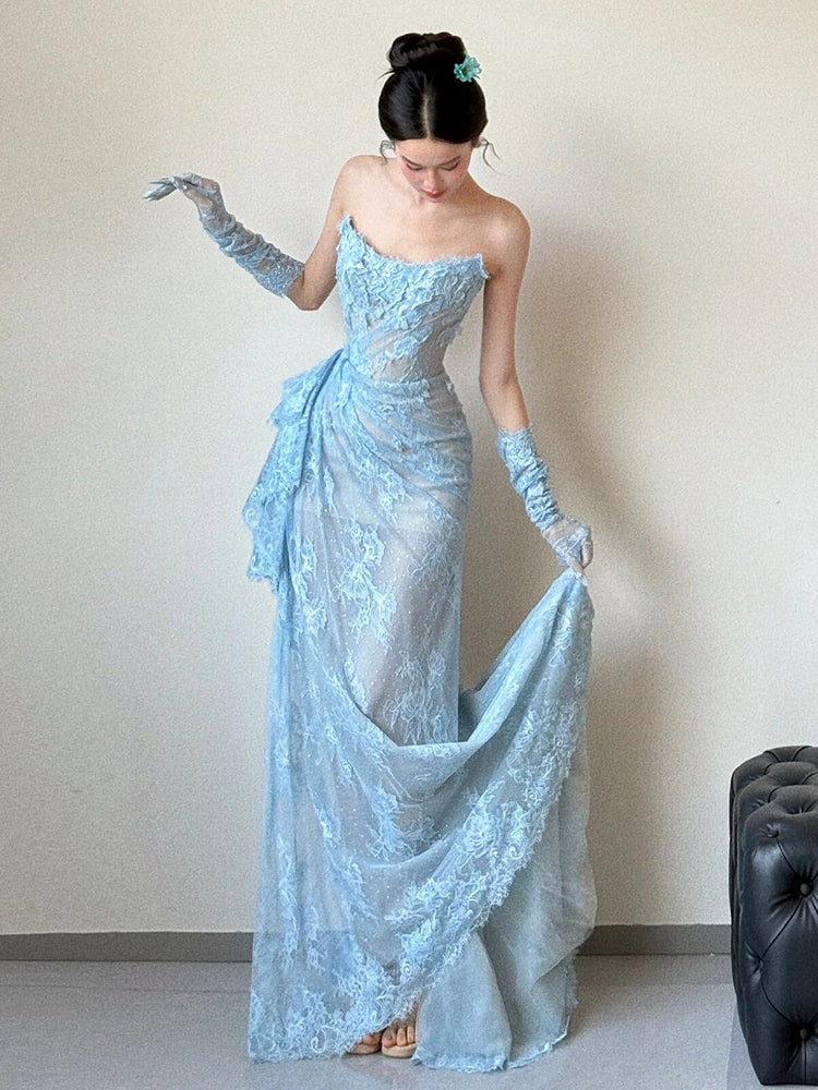Blue Lace Mermaid Long Prom Dress Sexy Evening Dresses With Side Split fg7665