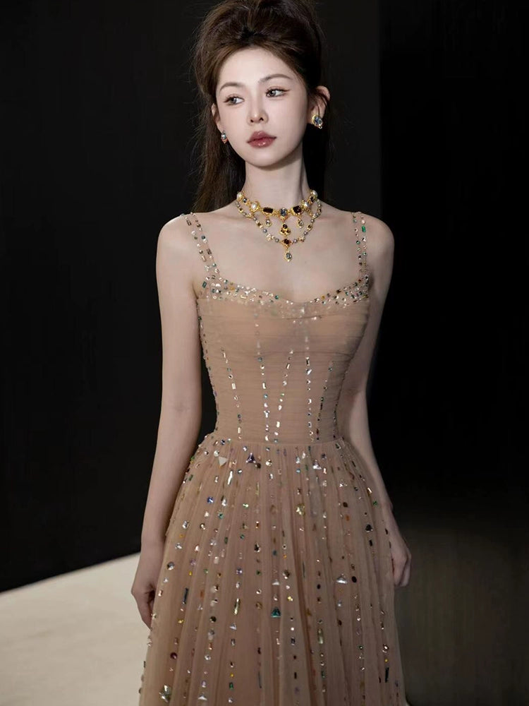 A Line Champagne Long Prom Dress Sexy Evening Dresses fg7663