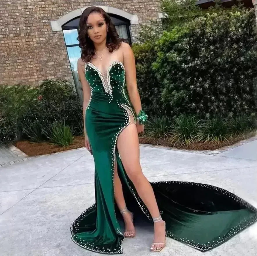 Green Velvet Prom Dresses African Mermaid Evening Dress With Slit fg4128