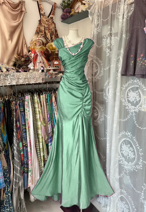 Mermaid Pleats Vintage Prom Dress Long Evening Dress fg8039