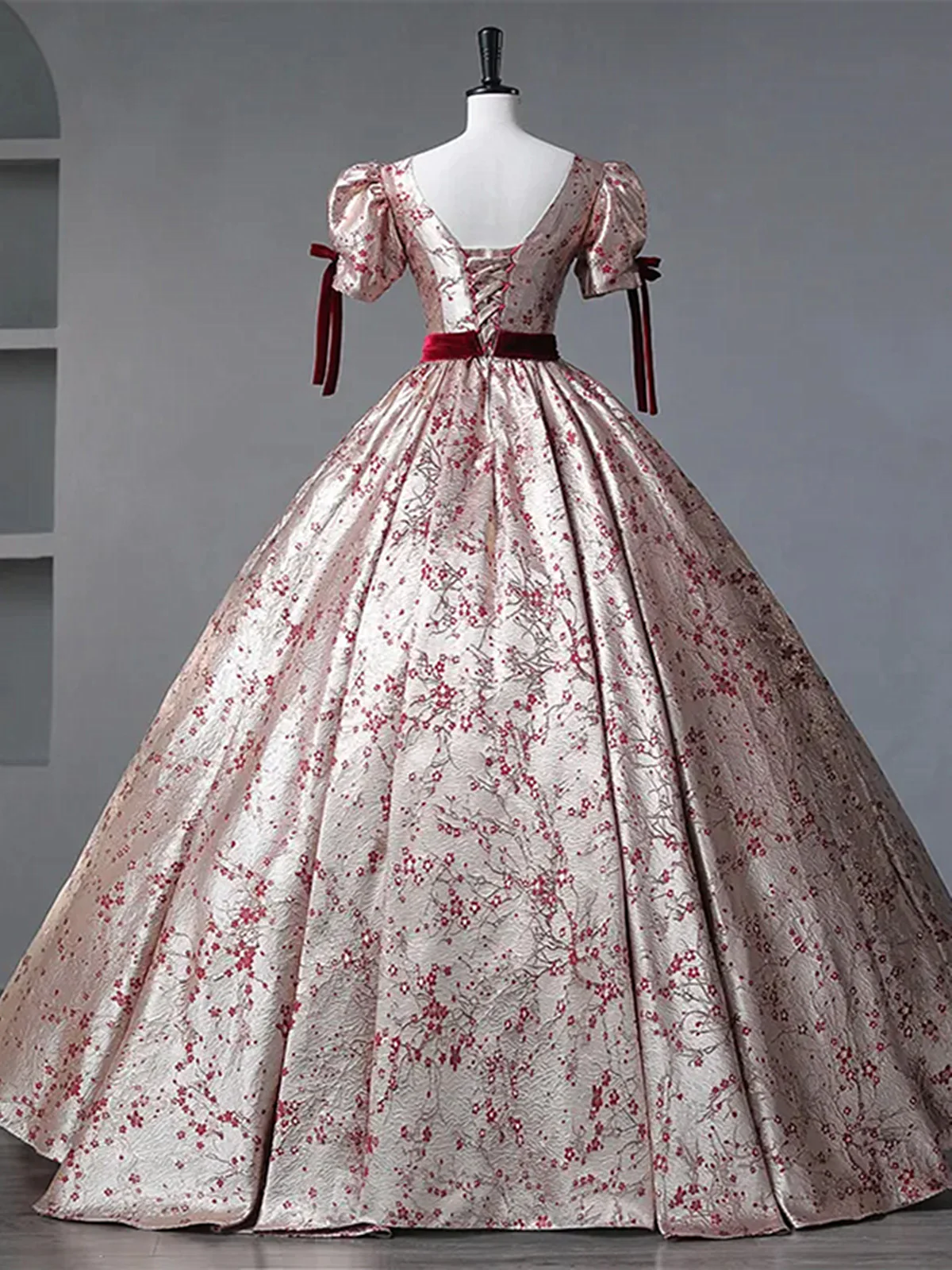 Floral Princess Gown with Burgundy Bows and Puff Sleeves, Long Prom Dress Party Dress fg8735