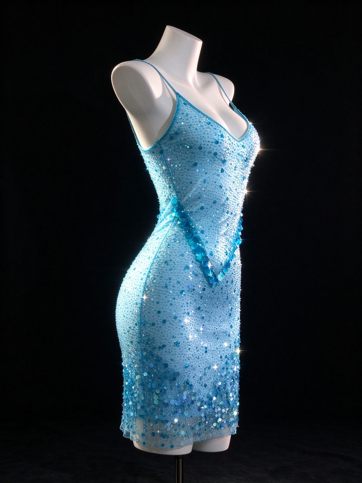 Light Blue Spaghetti Strap V Neck Sequin Short Bodycon Evening Dress fg9136