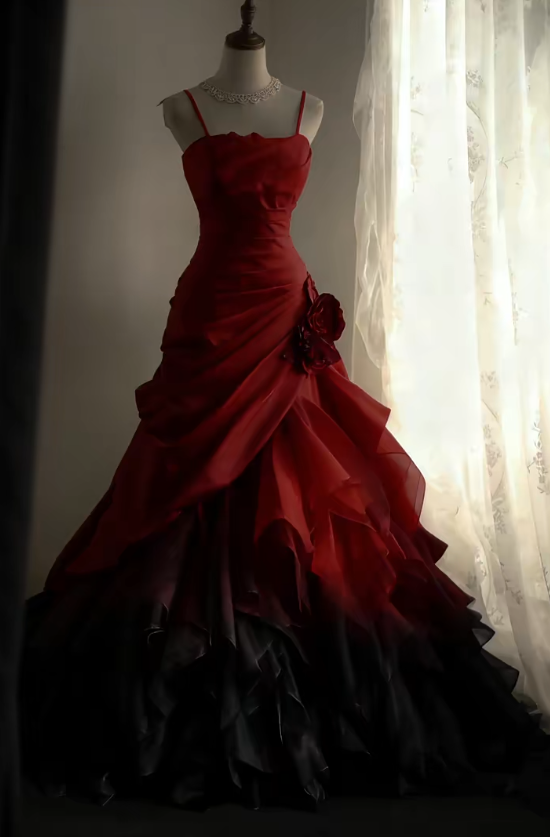 Burgundy Black Long Prom Dress Pleaded Evening Dress fg8330