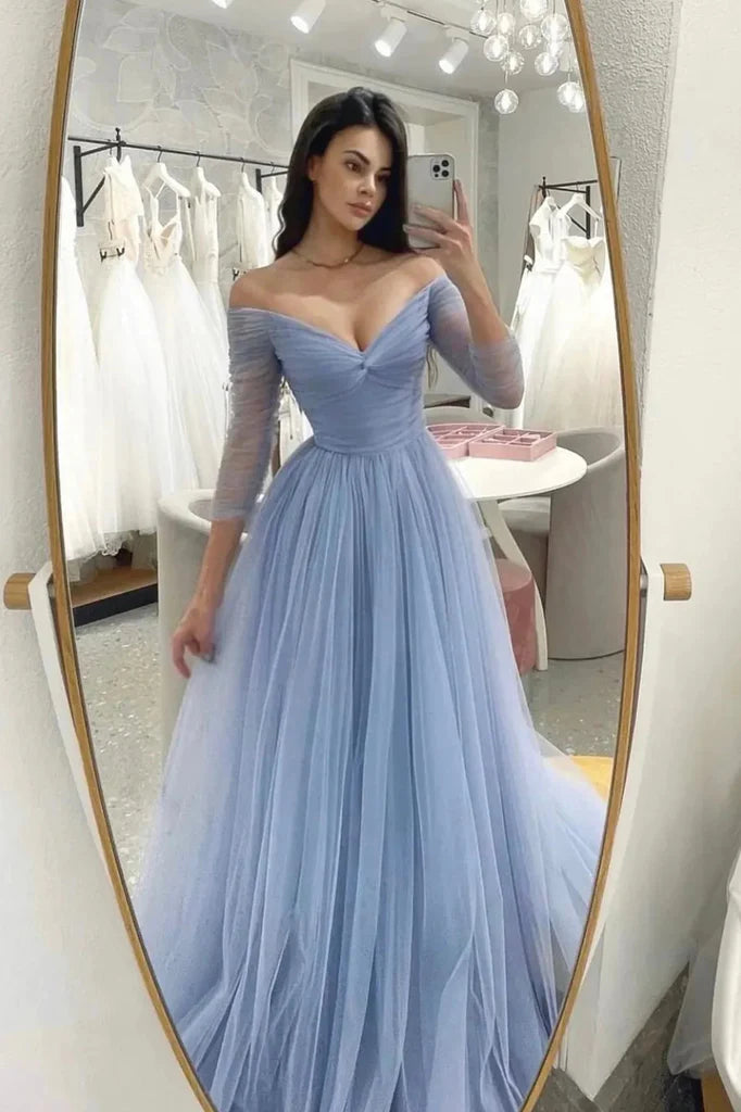 Light Blue 3/4 Sleeves V Neck Long Prom Dresses, A Line Tulle Formal Evening Dresses fg3496