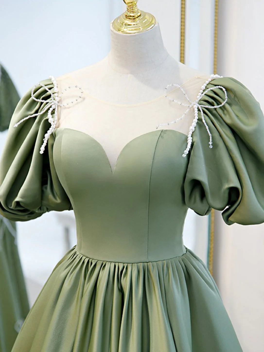 A-Line Green Puffy Sleeve Satin Short Prom Dress, Green Short Formal Dress fg3728