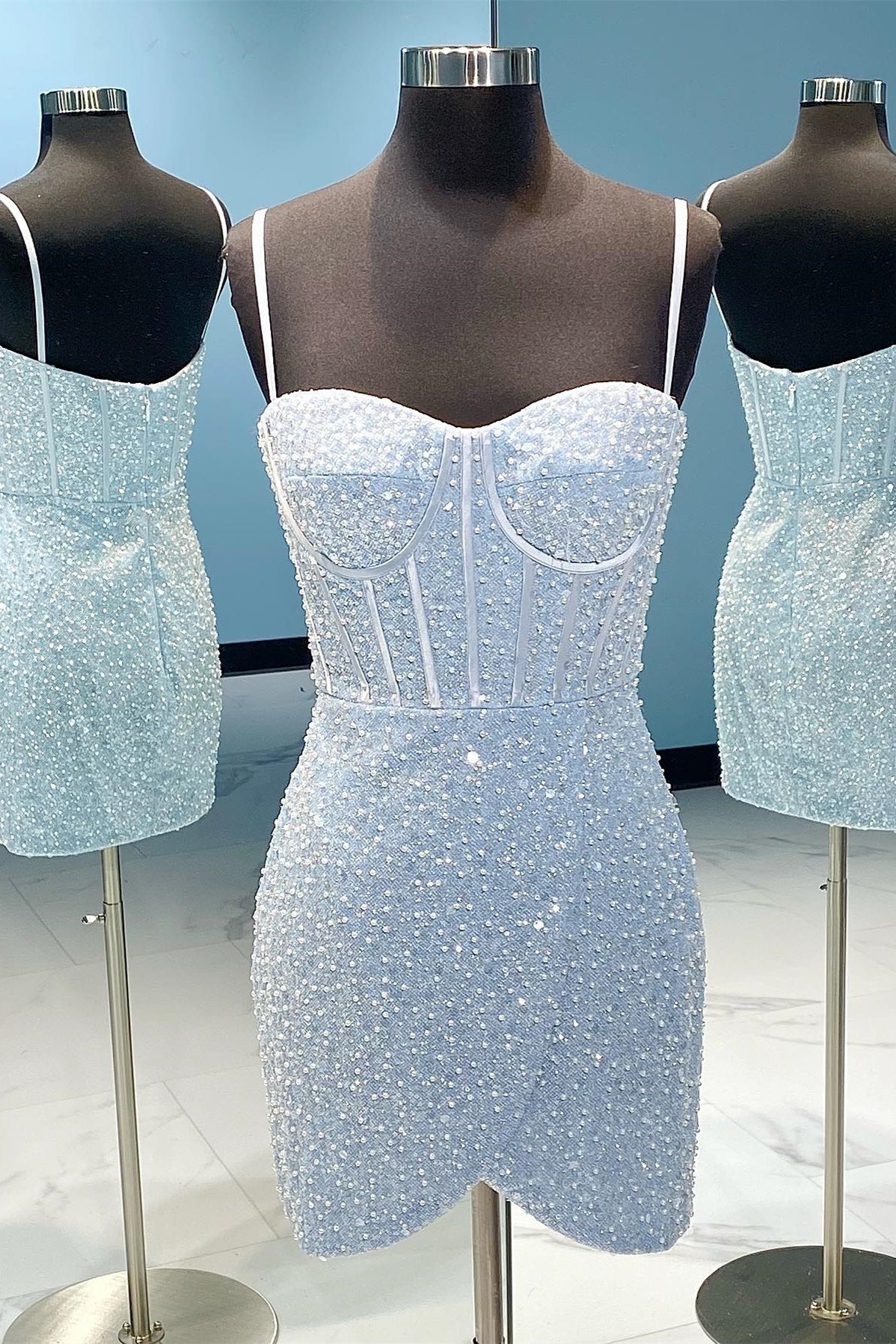 Spaghetti Straps Light Sky Blue Sequin Bodycon Mini Party Dress Short Prom Dress fg3654