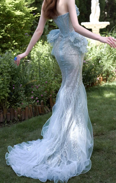 Strapless Sweetheart Beaded Tulle Mermaid Evening Gown fg8760