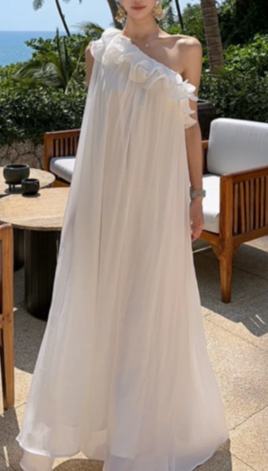 White One Shoulder Ruffle Chiffon Long Dress, Loose Flowy Beach Wedding Gown fg8765