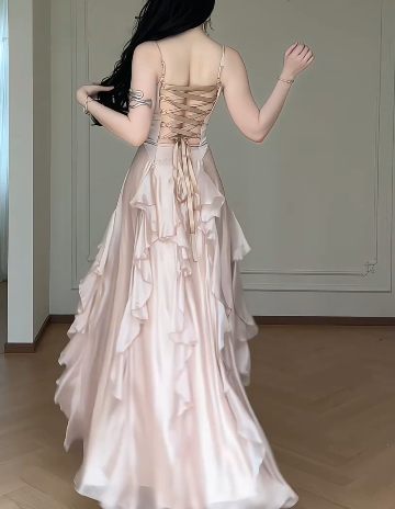 Spaghetti Strap Cowl Neck Satin Corset Ruffled High Slit Evening Maxi Dress With Detachable Feather Sleeves fg8772