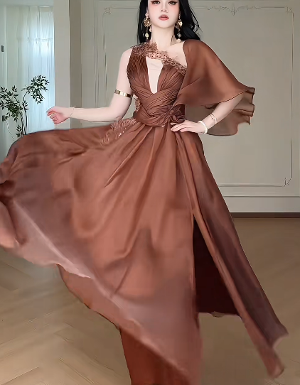 Brown One Shoulder Deep V Lace Evening Gown fg8776