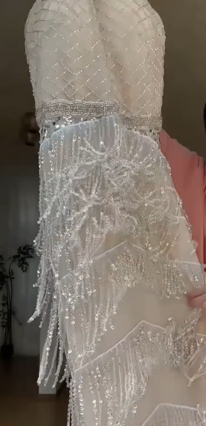 Halter Beaded Fringe Mermaid Evening Gown, Sleeveless Sparkly Tiered Tassel Formal Dress fg8785