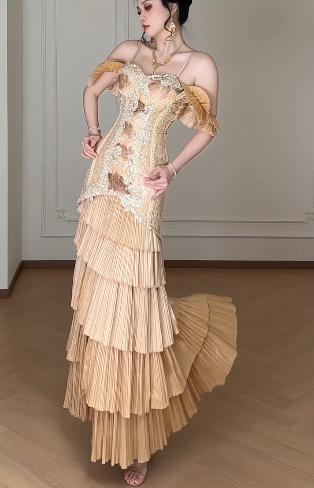 Spaghetti Strap Off Shoulder Ruffle Tiered Lace Evening Gown fg8787