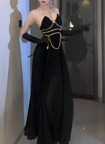 Halter Gold Chain Decor Pleated Chiffon Evening Gown fg8815