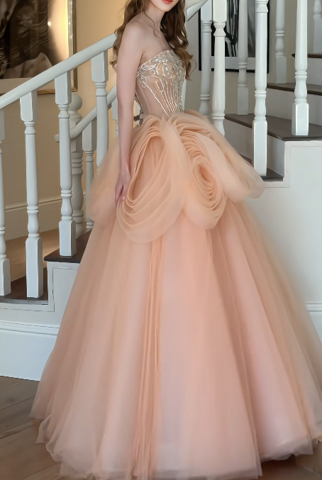 Strapless Beaded 3D Floral Tulle A Line Evening Gown fg8842