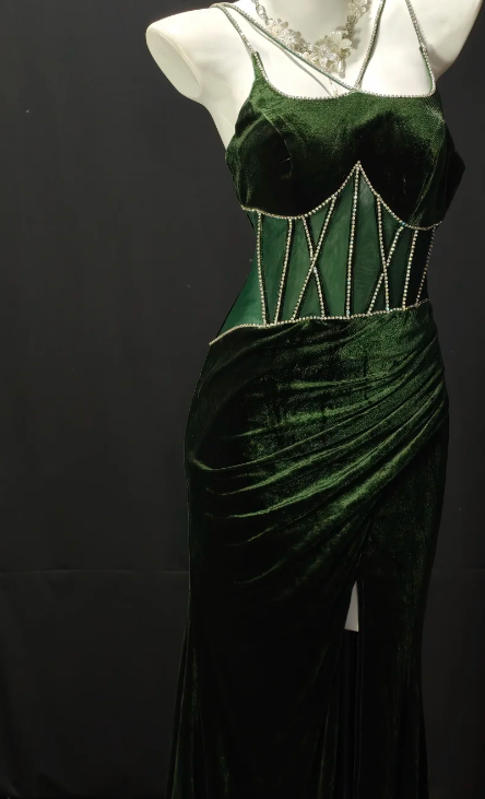 Spaghetti Strap Rhinestone Corset Velvet Mermaid Slit Evening Gown fg8876