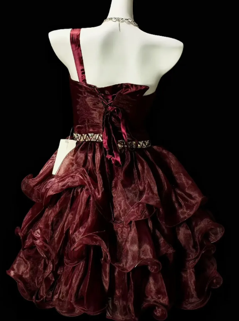One Shoulder Bow Rhinestone Ruffled Organza Short Homecoming Dress fg8889
