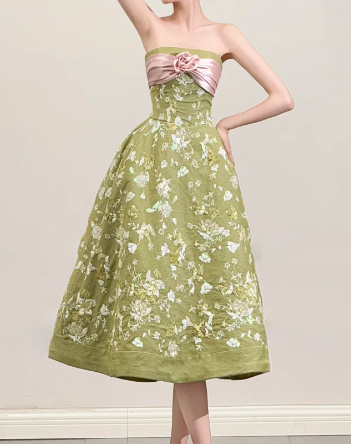 Green Strapless Floral Rosette Midi Evening Dress fg9095