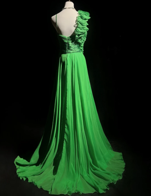 Green One-Shoulder 3D Floral Chiffon Formal Evening Gown fg9050