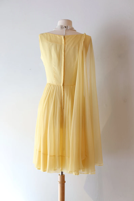 Chiffon Party Dress Vintage 60s Pale Yellow Cocktail Dress With Trailing Shoulder Sash fg5623