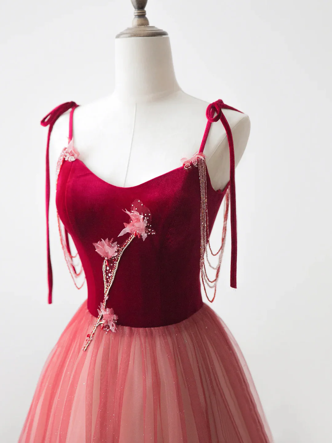 Burgundy Velvet Tulle Long Prom Dress, Beautiful A-Line Spaghetti Strap Evening Party Dress fg5700