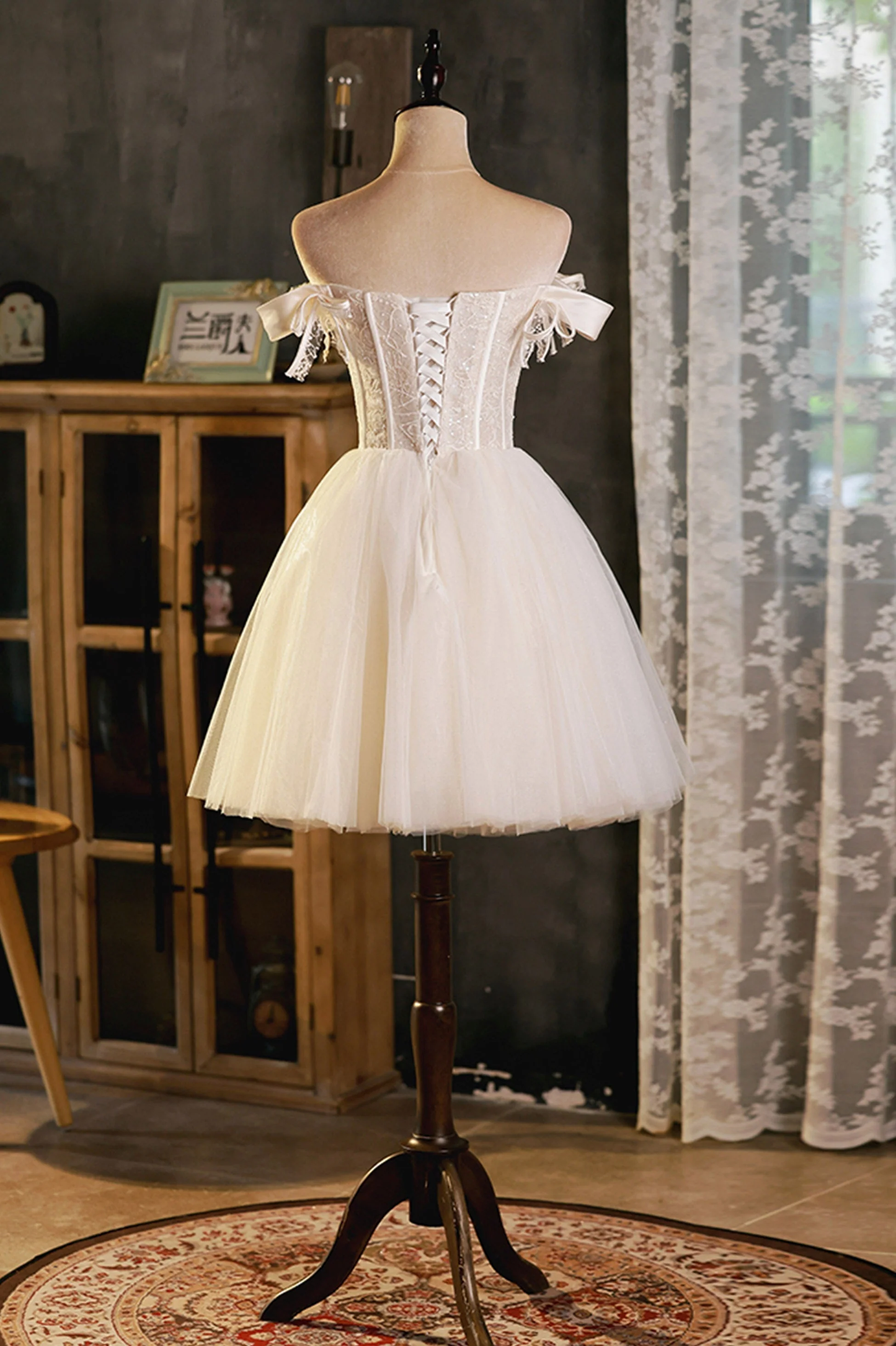 A-Line Tulle Short Prom Dress, Cute Off the Shoulder Party Dresses fg5824