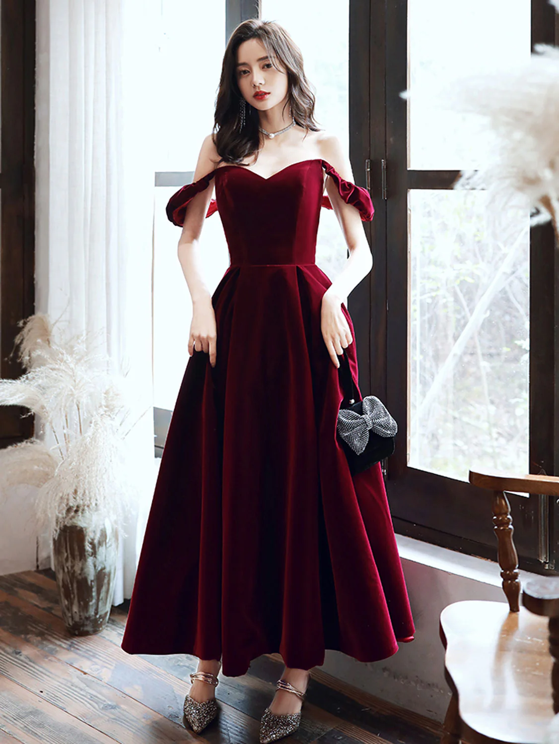 Simple Velvet Tea Length Prom Dresses, Burgundy Velvet Evening Dresses fg5033