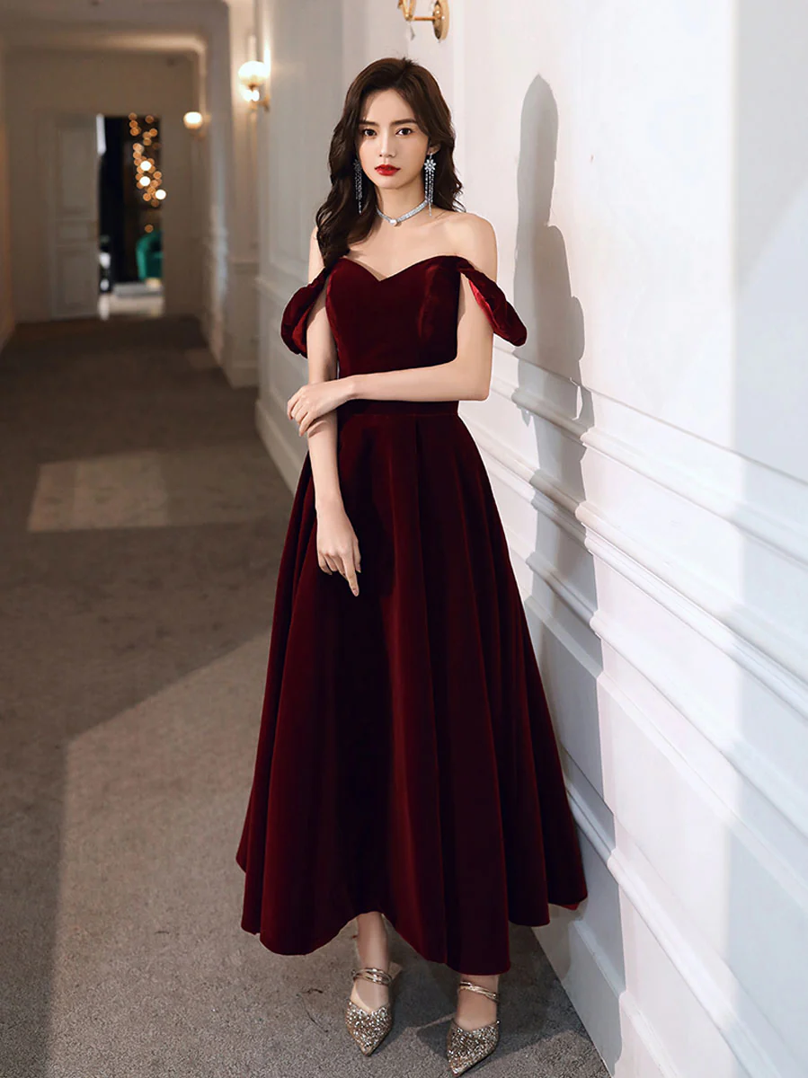 Simple Velvet Tea Length Prom Dresses, Burgundy Velvet Evening Dresses fg5033