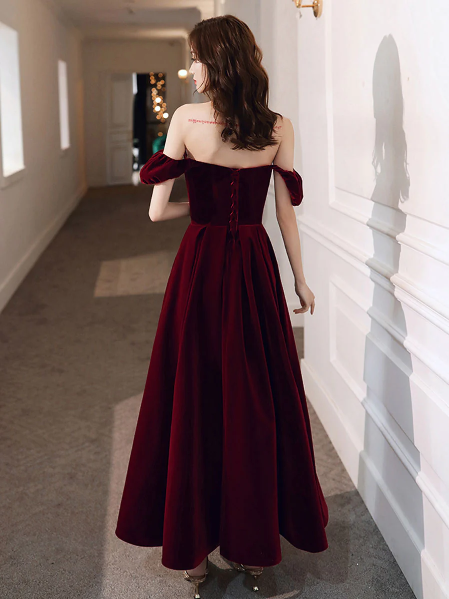 Simple Velvet Tea Length Prom Dresses, Burgundy Velvet Evening Dresses fg5033