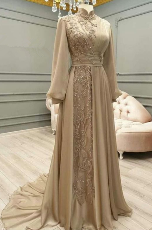Long Tulle Appliques Full Sleeve Muslim Champagne Prom Dress High Neck Saudi Arabic A Line Evening Formal Party Gowns fg1480