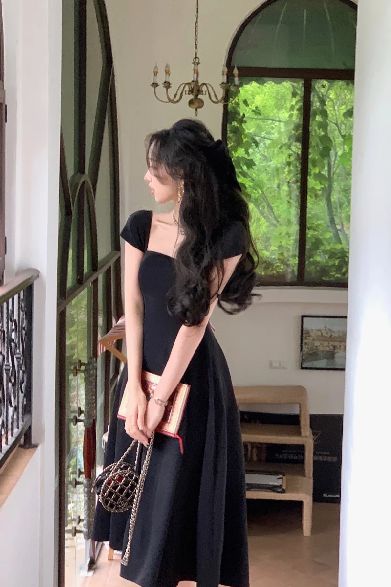 White summer dress women chic elegant square neck evening birthday party midi dress fg6023