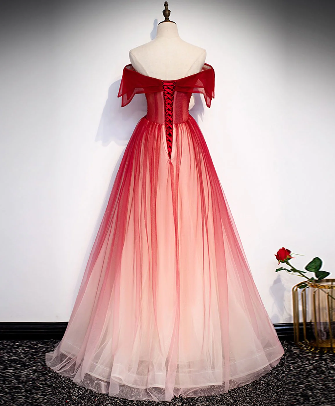 Burgundy Off Shoulder Tulle Long Prom Dress, Burgundy Formal Dress fg5699