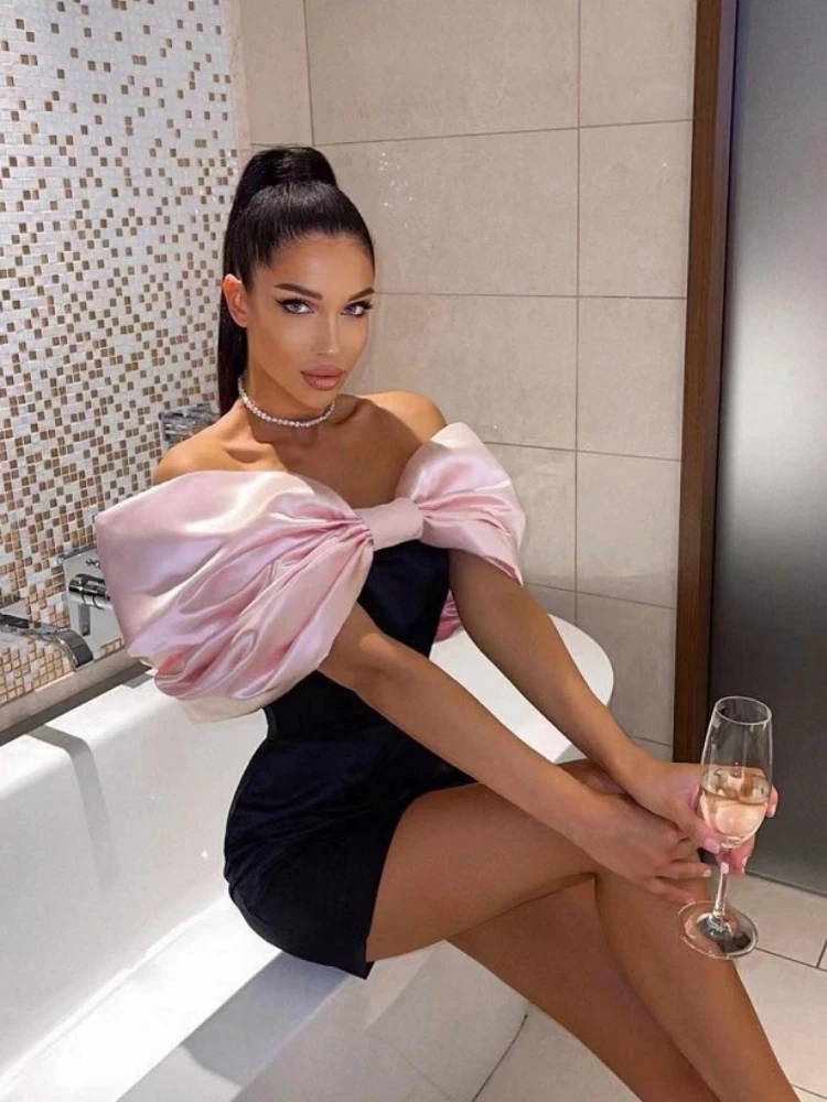 Sexy Big Bow Design Off the Shoulder Mini Dress Elegant Black Straples Pink Bowknot Bodycon Dress Homecoming Dress fg5565