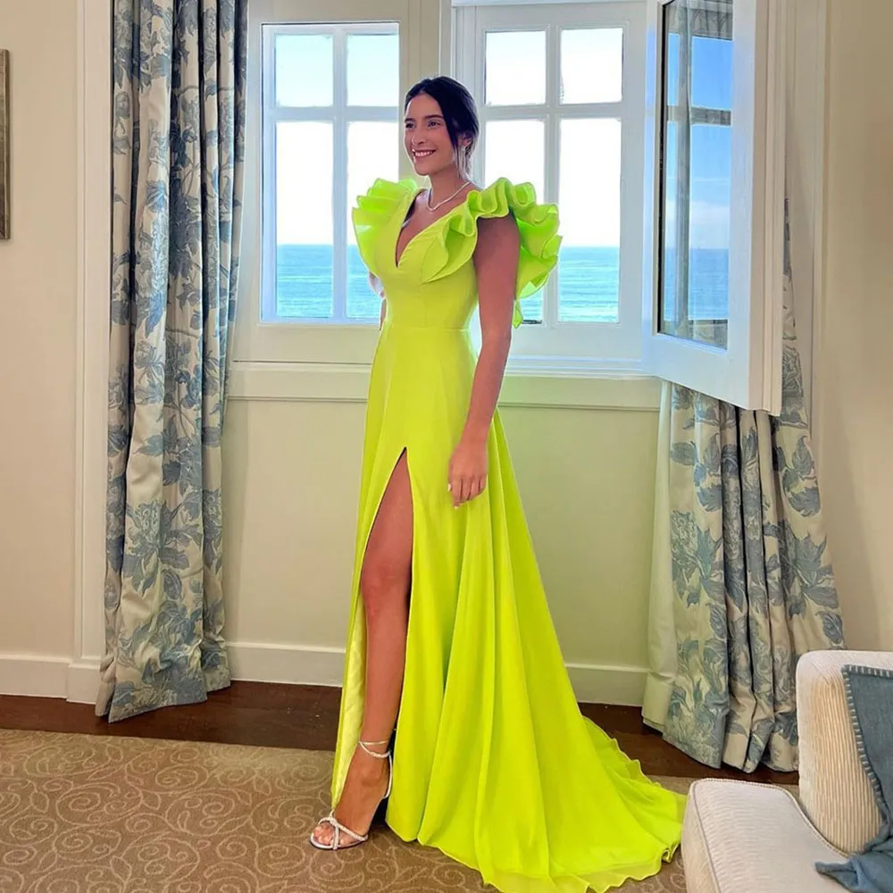 Modern Ruffles Sleeve Evening Dresses V Neck Side Split Satin Special Dress Prom Gown fg5614