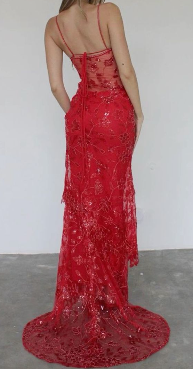 Spaghetti Straps Birthday Party Dresses Red Lace Prom Dresses fg4831