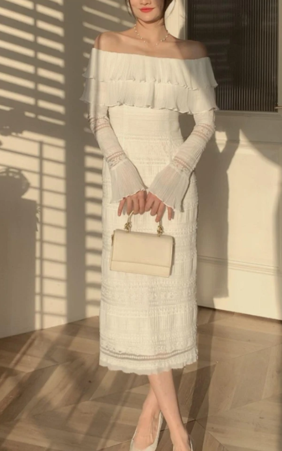 Elegant White Midi Dress Office Lady Long Sleeve Sexy Beach Party Bodycon Dress fg5417