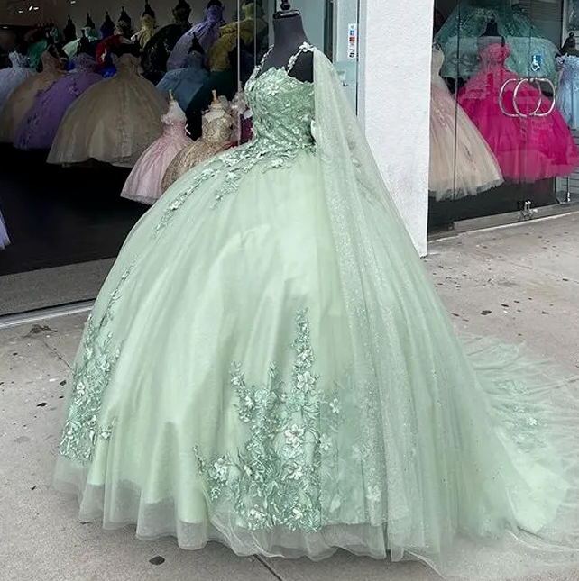 Sage Green Shiny Sweetheart Quinceanera Dresses With Cape Sweet 16 Dresses Ball Gown Applique Tulle Birthday Gowns fg4540
