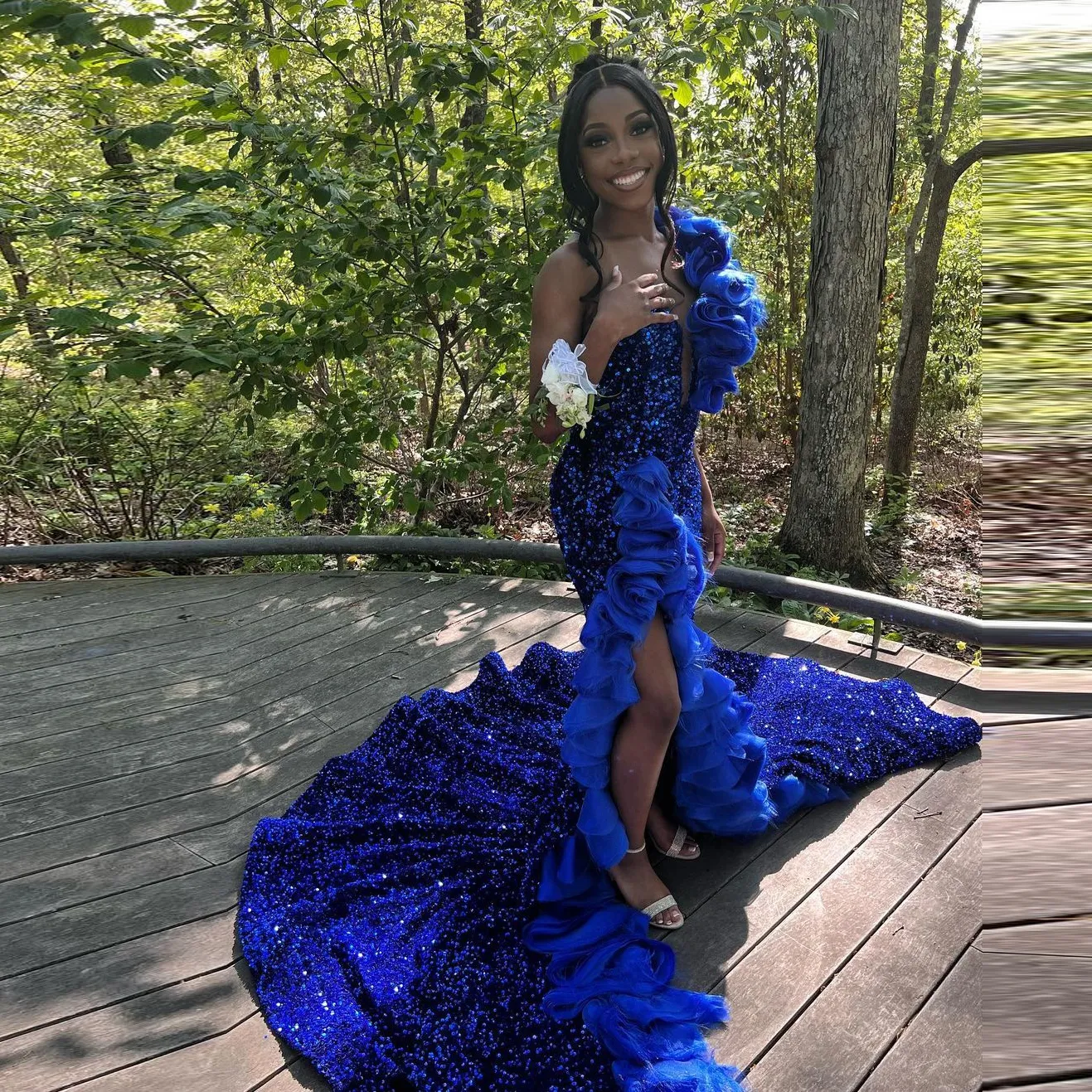 Blue Long Prom Dress Sequined Ruffles Side Split Sexy Evening Dress Graduation Party Gowns fg5148