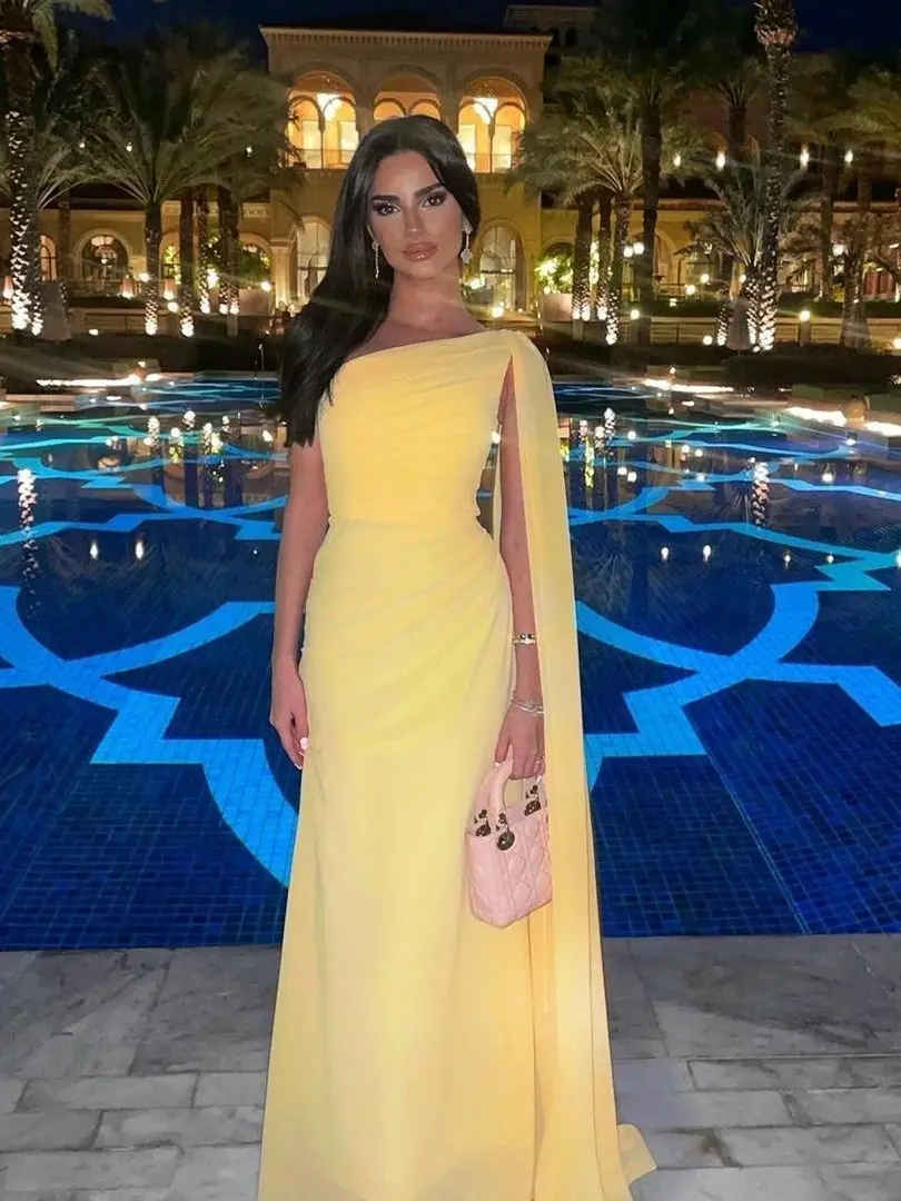 Yellow Chiffon One Shoulder Evening Dress Elegant Pleated Dubai Arabic Evening Gowns fg5926