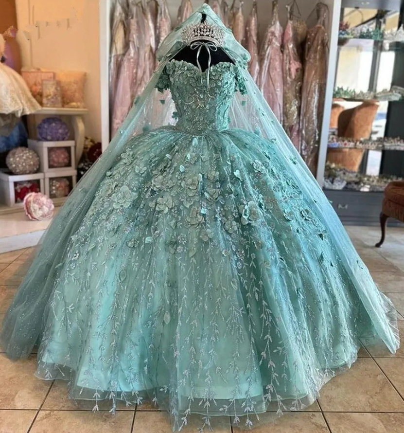 Mint Green Quinceanera Dresses with cape Floral Appliques Lace-up Back Corset prom Sweet 15 Girls Birthday Party dress fg4290