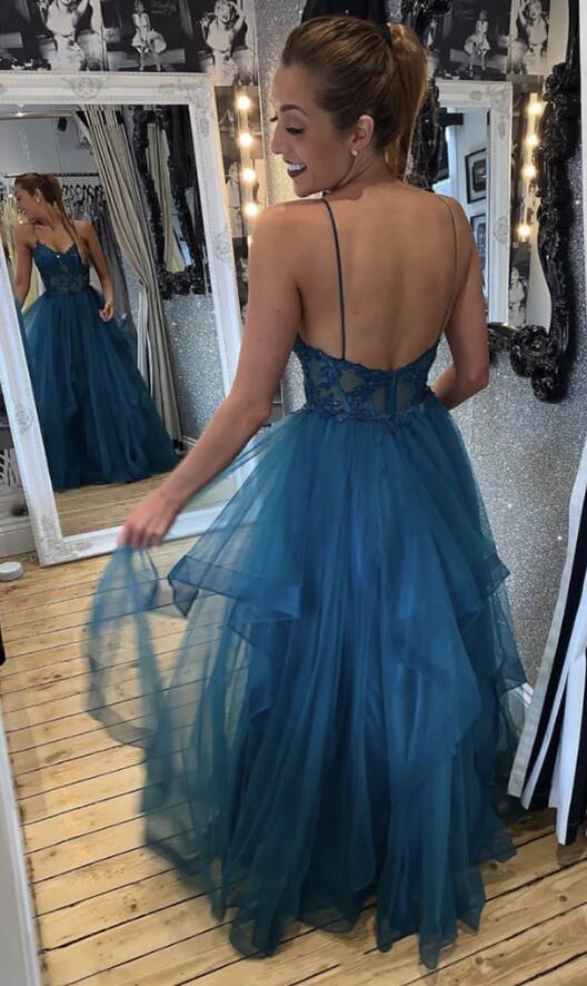 Blue tulle lace long prom dress evening dress fg1687