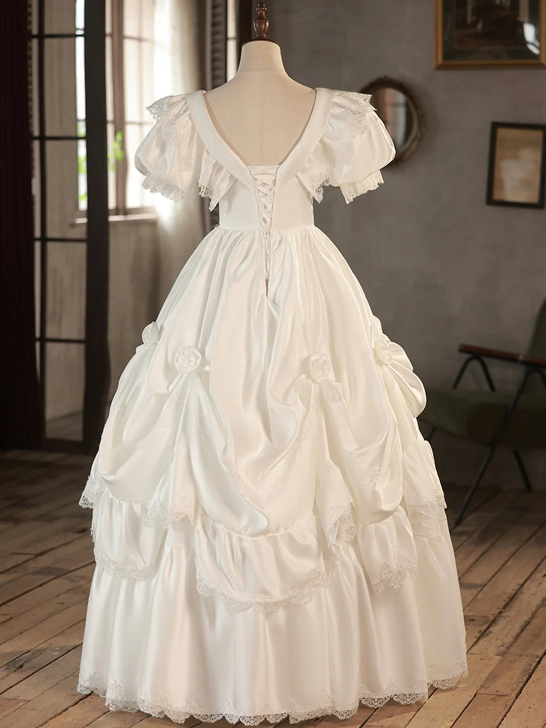 V-Neck Satin Long Prom Dress, Lace Wedding Dress fg5826